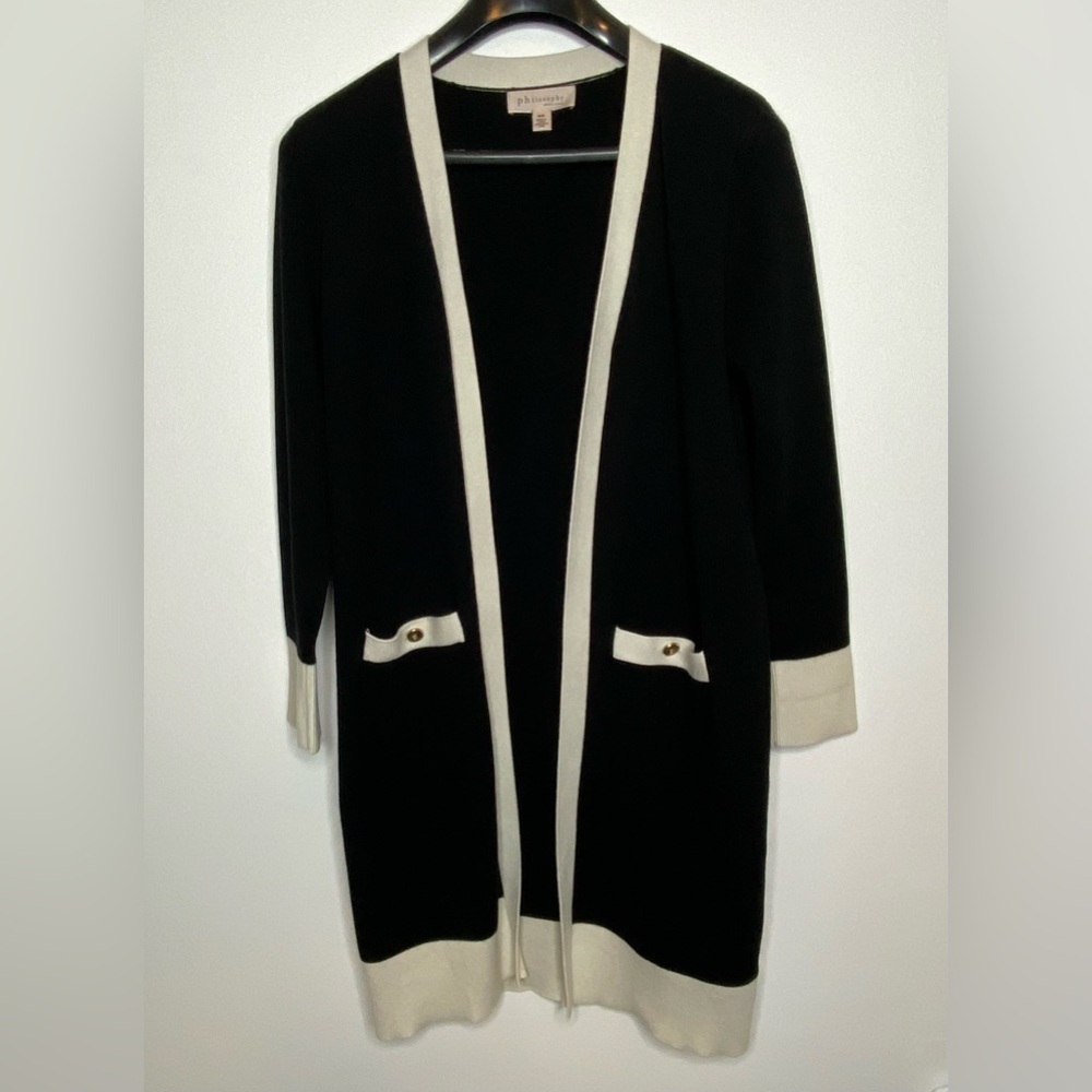 Philosophy Sweater Long Open Front Coat Black/White Size M Padded Shoulders